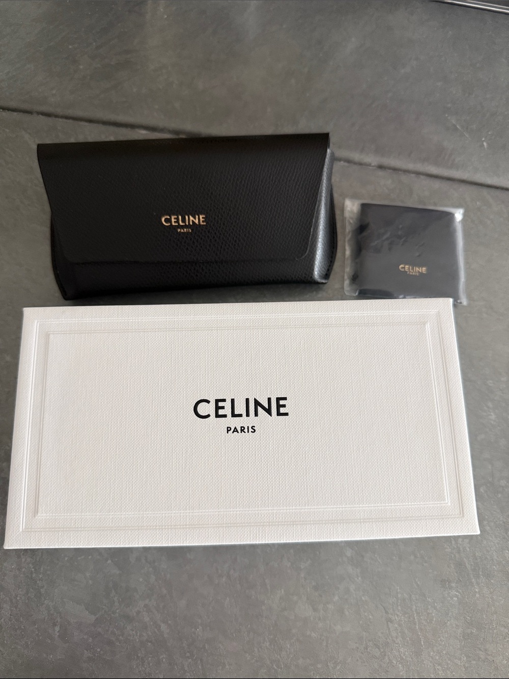 Celine Black Leather Sunglasses Case, polishing cloth and box